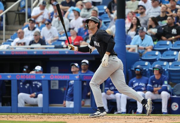 Feb 22, 2025; Dunedin, Florida, USA; New York Yankees center fielder Spencer Jones (78) hits a home run during the sixth inning against the Toronto Blue Jays  at TD Ballpark. Mandatory Credit: Kim Klement Neitzel-Imagn Images