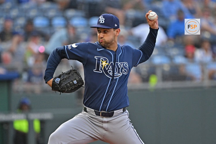 Jul 2, 2026; Kansas City, Missouri, USA;  Tampa Bay Rays starting pitcher Ian Seymour (61) throws a pitch in the first inning against the Kansas City Royals at Kauffman Stadium. Credit: Peter Aiken-Imagn Images