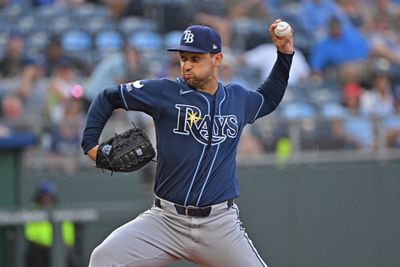 Jul 2, 2026; Kansas City, Missouri, USA;  Tampa Bay Rays starting pitcher Ian Seymour (61) throws a pitch in the first inning against the Kansas City Royals at Kauffman Stadium. Mandatory Credit: Peter Aiken-Imagn Images