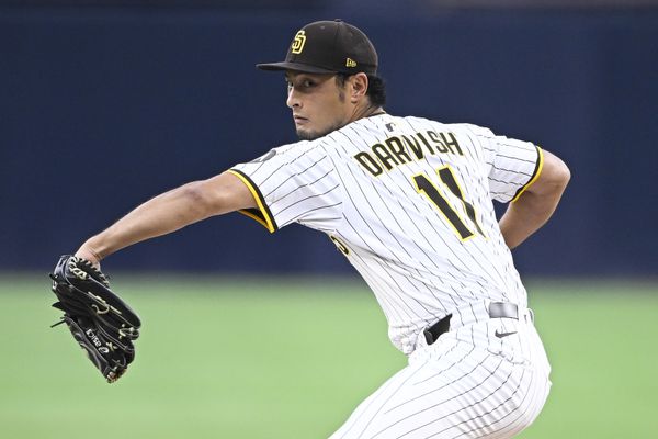 Sep 8, 2025; San Diego, California, USA; San Diego Padres starting pitcher Yu Darvish (11) delivers during the first inning against the Cincinnati Reds at Petco Park. Mandatory Credit: Denis Poroy-Imagn Images