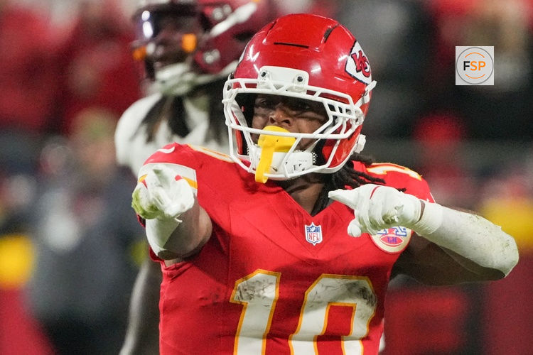 Oct 27, 2025; Kansas City, Missouri, USA; Kansas City Chiefs running back Isiah Pacheco (10) reacts after a play against the Washington Commanders during the fourth quarter of the game at GEHA Field at Arrowhead Stadium. Credit: Denny Medley-Imagn Images