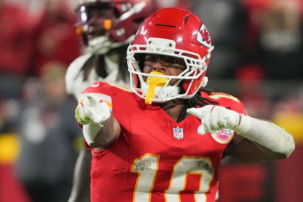 Oct 27, 2025; Kansas City, Missouri, USA; Kansas City Chiefs running back Isiah Pacheco (10) reacts after a play against the Washington Commanders during the fourth quarter of the game at GEHA Field at Arrowhead Stadium. Mandatory Credit: Denny Medley-Imagn Images