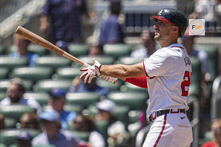 Aug 25, 2024; Cumberland, Georgia, USA; Atlanta Braves first baseman Matt Olson (28) watches after hitting a home run against the Washington Nationals during the sixth inning at Truist Park. Credit: Dale Zanine-USA TODAY Sports