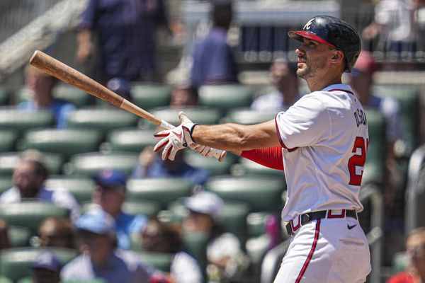 Aug 25, 2024; Cumberland, Georgia, USA; Atlanta Braves first baseman Matt Olson (28) watches after hitting a home run against the Washington Nationals during the sixth inning at Truist Park. Mandatory Credit: Dale Zanine-USA TODAY Sports