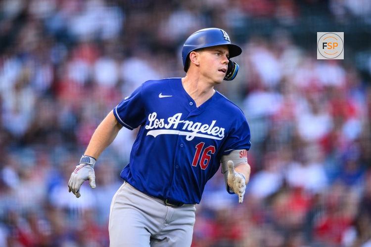 May 15, 2026; Anaheim, California, USA; Los Angeles Dodgers catcher Will Smith (16) runs during the first inning against the Los Angeles Angels at Angel Stadium. Credit: William Liang-Imagn Images