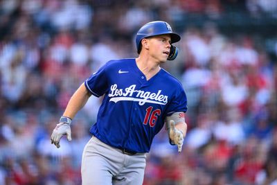 May 15, 2026; Anaheim, California, USA; Los Angeles Dodgers catcher Will Smith (16) runs during the first inning against the Los Angeles Angels at Angel Stadium. Mandatory Credit: William Liang-Imagn Images