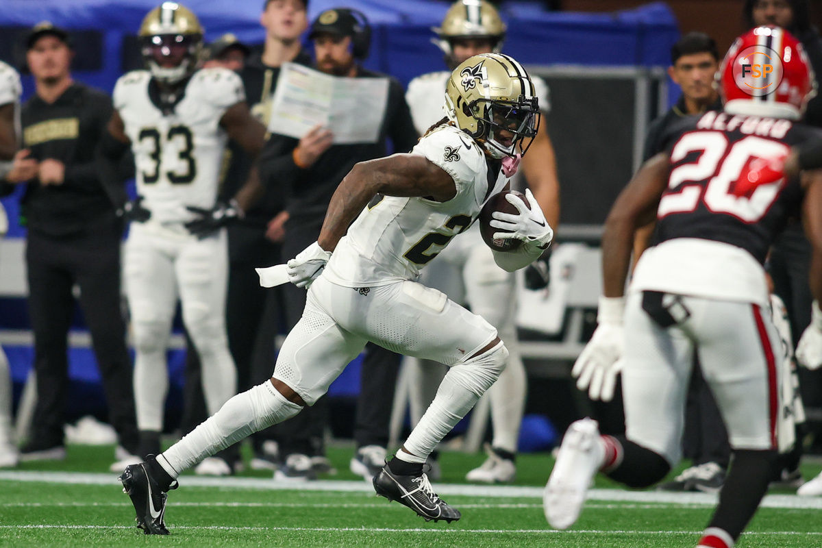 Sep 29, 2024; Atlanta, Georgia, USA; New Orleans Saints wide receiver Rashid Shaheed (22) runs the ball against the Atlanta Falcons in the fourth quarter at Mercedes-Benz Stadium. Credit: Brett Davis-Imagn Images