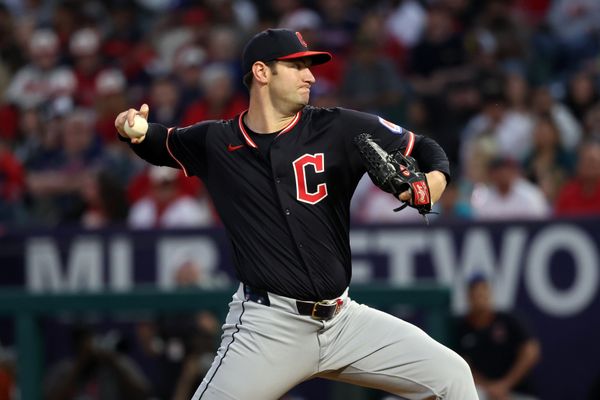 Apr 4, 2025; Anaheim, California, USA;  Cleveland Guardians starting pitcher Gavin Williams (32) pitches during the first inning against the Los Angeles Angels at Angel Stadium. Mandatory Credit: Kiyoshi Mio-Imagn Images
