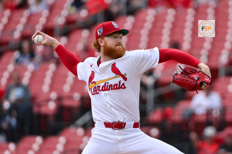 Apr 15, 2026; St. Louis, Missouri, USA; St. Louis Cardinals starting pitcher Dustin May (3) pitches against the Cleveland Guardians during the first inning at Busch Stadium. Players and coaches are wearing number 42 in recognition of Jackie Robinson Day. Credit: Jeff Curry-Imagn Images