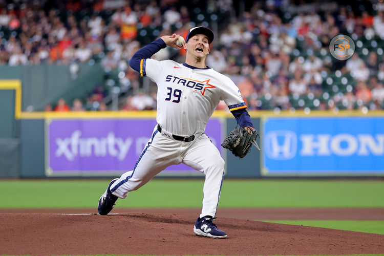 Apr 13, 2025; Houston, Texas, USA; Houston Astros starting pitcher Hayden Wesneski (39) delivers a pitch against the Los Angeles Angels during the first inning at Daikin Park. Credit: Erik Williams-Imagn Images