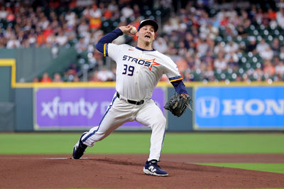 Apr 13, 2025; Houston, Texas, USA; Houston Astros starting pitcher Hayden Wesneski (39) delivers a pitch against the Los Angeles Angels during the first inning at Daikin Park. Mandatory Credit: Erik Williams-Imagn Images
