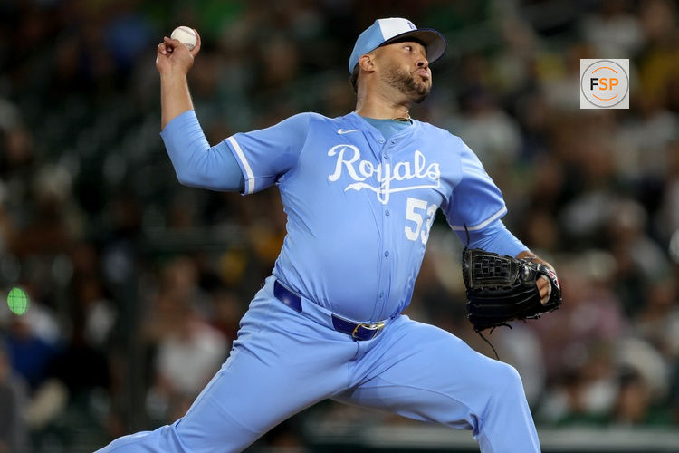 Sep 27, 2025; West Sacramento, California, USA; Kansas City Royals pitcher Carlos Estevez (53) throws a pitch against the Athletics during the ninth inning at Sutter Health Park. Credit: Dennis Lee-Imagn Images