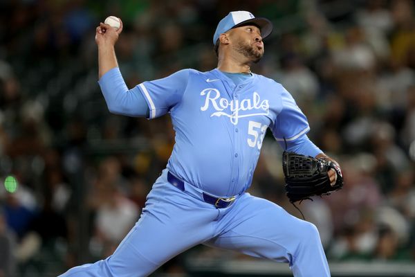 Sep 27, 2025; West Sacramento, California, USA; Kansas City Royals pitcher Carlos Estevez (53) throws a pitch against the Athletics during the ninth inning at Sutter Health Park. Mandatory Credit: Dennis Lee-Imagn Images