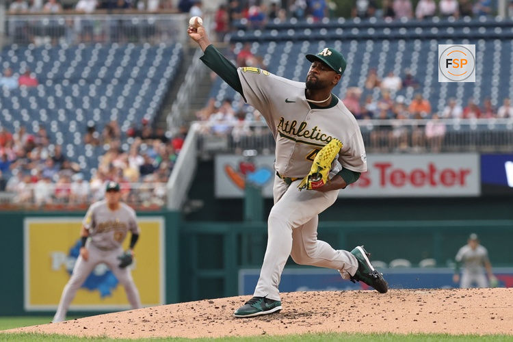 Aug 5, 2025; Washington, District of Columbia, USA; Athletics starting pitcher Luis Severino (40) pitches against the Washington Nationals during the second inning at Nationals Park. Credit: Geoff Burke-Imagn Images