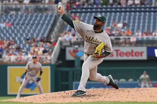 Aug 5, 2025; Washington, District of Columbia, USA; Athletics starting pitcher Luis Severino (40) pitches against the Washington Nationals during the second inning at Nationals Park. Mandatory Credit: Geoff Burke-Imagn Images