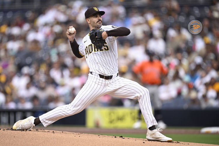 Sep 18, 2024; San Diego, California, USA; San Diego Padres starting pitcher Dylan Cease (84) pitches against the Houston Astros during the first inning at Petco Park. Credit: Orlando Ramirez-Imagn Images