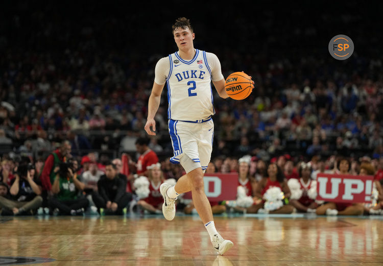 Apr 5, 2025; San Antonio, TX, USA; Duke Blue Devils forward Cooper Flagg (2) dribbles the ball against the Houston Cougars during the second half in the semifinals of the men's Final Four of the 2025 NCAA Tournament at the Alamodome. Credit: Bob Donnan-Imagn Images