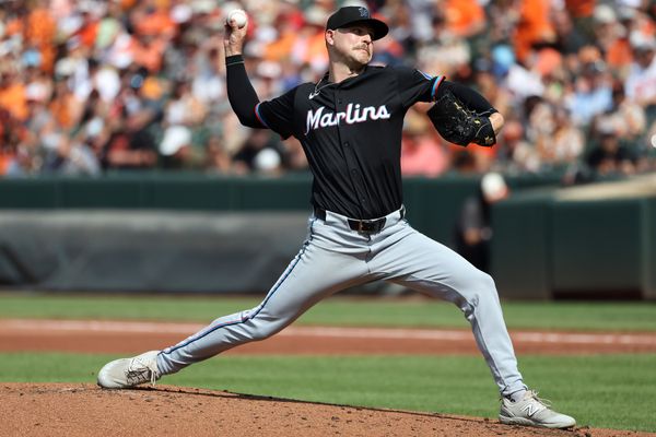 Jul 12, 2025; Baltimore, Maryland, USA; Miami Marlins pitcher Janson Junk (26) throws during the first inning against the Baltimore Orioles at Oriole Park at Camden Yards. Mandatory Credit: Daniel Kucin Jr.-Imagn Images