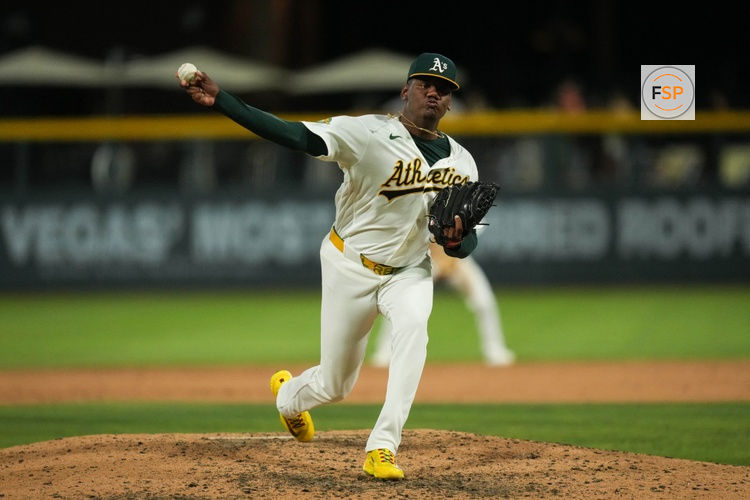 Jun 13, 2026; Summerlin, Nevada, USA; Athletics pitcher Elvis Alvarado (37) pitches against the Colorado Rockies during the ninth inning at the Las Vegas Ballpark. Credit: Lucas Peltier-Imagn Images