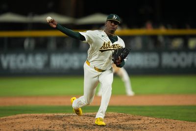 Jun 13, 2026; Summerlin, Nevada, USA; Athletics pitcher Elvis Alvarado (37) pitches against the Colorado Rockies during the ninth inning at the Las Vegas Ballpark. Mandatory Credit: Lucas Peltier-Imagn Images