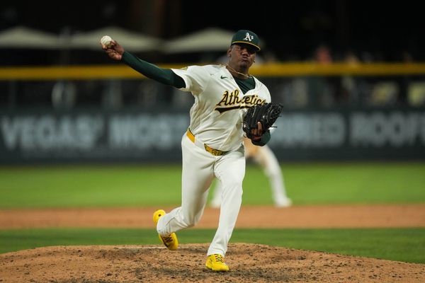 Jun 13, 2026; Summerlin, Nevada, USA; Athletics pitcher Elvis Alvarado (37) pitches against the Colorado Rockies during the ninth inning at the Las Vegas Ballpark. Mandatory Credit: Lucas Peltier-Imagn Images