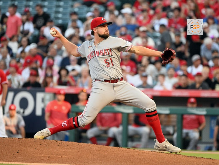 ANAHEIM, CA - AUGUST 22: Cincinnati Reds pitcher Graham Ashcraft (51) pitching during an MLB baseball game against the Los Angeles Angels played on August 22, 2023 at Angel Stadium in Anaheim, CA. (Photo by John Cordes/Icon Sportswire)