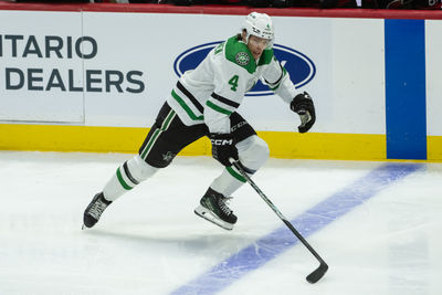 Jan 12, 2025; Ottawa, Ontario, CAN; Dallas Stars defenseman Miro Heiskanen (4) skates in the third period against the Ottawa Senators at the Canadian Tire Centre. Mandatory Credit: Marc DesRosiers-Imagn Images