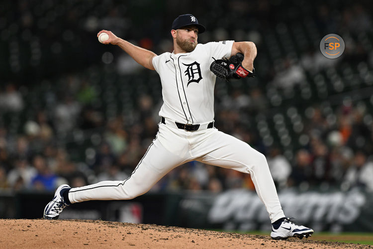 Apr 21, 2025; Detroit, Michigan, USA; Detroit Tigers pitcher Will Vest (19) throws a pitch against the San Diego Padres in the ninth inning at Comerica Park. Credit: Lon Horwedel-Imagn Images