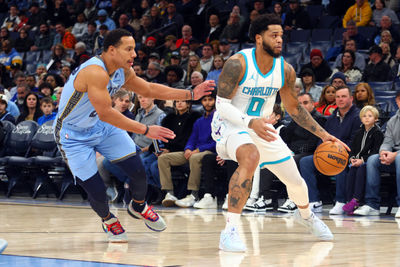 Jan 22, 2025; Memphis, Tennessee, USA; Charlotte Hornets forward Miles Bridges (0) dribbles as Memphis Grizzlies guard Desmond Bane (22) defends during the first quarter at FedExForum. Mandatory Credit: Petre Thomas-Imagn Images