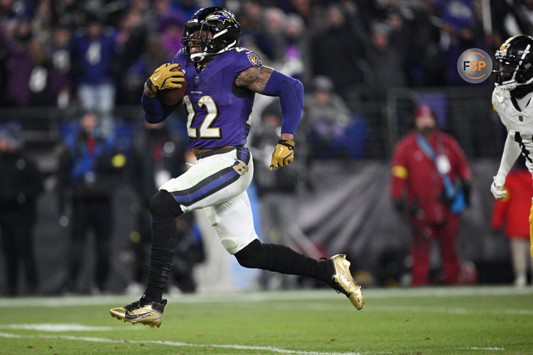 Jan 11, 2025; Baltimore, Maryland, USA; Baltimore Ravens running back Derrick Henry (22) runs to score a touchdown against the Pittsburgh Steelers in the third quarter in an AFC wild card game at M&T Bank Stadium. Credit: Tommy Gilligan-Imagn Images