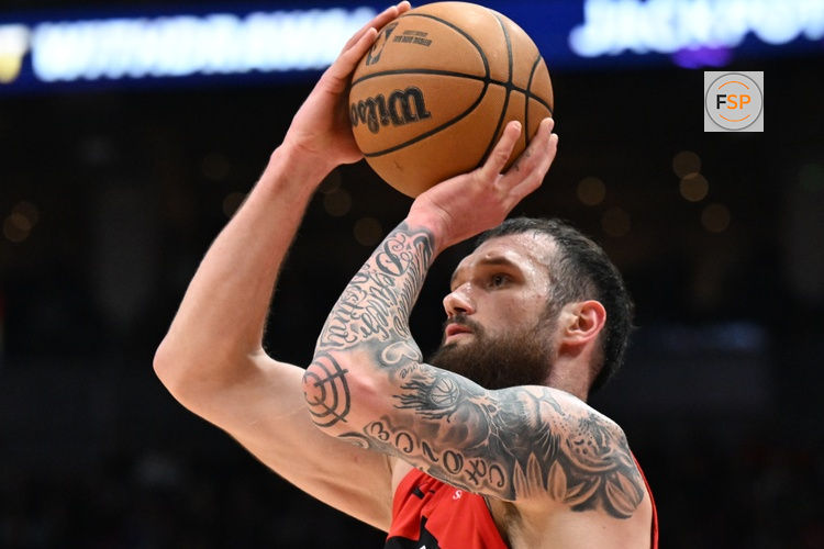Apr 1, 2026; Toronto, Ontario, CAN;  Toronto Raptors center Sandro Mamukelashvili (54) shoots the ball against the Sacramento Kings in the second half at Scotiabank Arena. Credit: Dan Hamilton-Imagn Images
