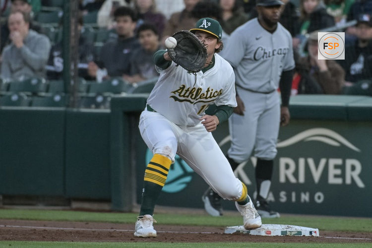 Apr 25, 2025; West Sacramento, California, USA; Athletics first baseman Nick Kurtz (16) catches the force out against the Chicago White Sox during the third inning at Sutter Health Park. Credit: Ed Szczepanski-Imagn Images