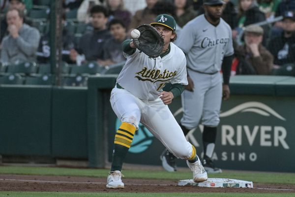 Apr 25, 2025; West Sacramento, California, USA; Athletics first baseman Nick Kurtz (16) catches the force out against the Chicago White Sox during the third inning at Sutter Health Park. Mandatory Credit: Ed Szczepanski-Imagn Images