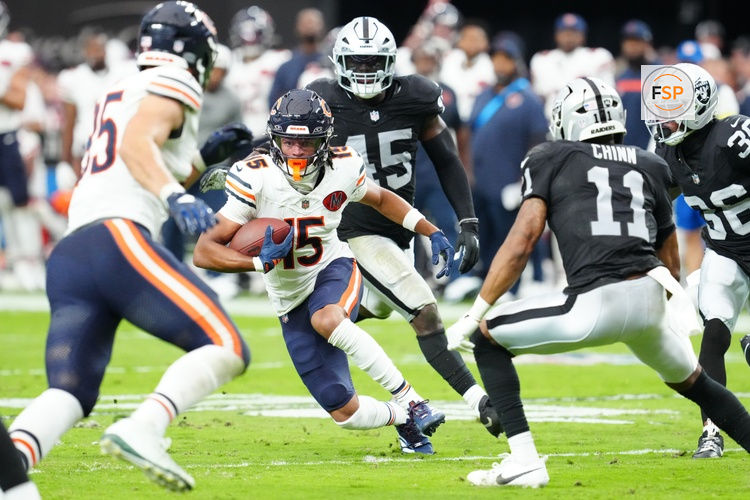 Sep 28, 2025; Paradise, Nevada, USA; Chicago Bears wide receiver Rome Odunze (15) runs the ball during the second half against Las Vegas Raiders at Allegiant Stadium. Credit: Stephen R. Sylvanie-Imagn Images