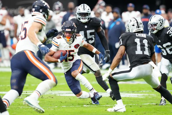 Sep 28, 2025; Paradise, Nevada, USA; Chicago Bears wide receiver Rome Odunze (15) runs the ball during the second half against Las Vegas Raiders at Allegiant Stadium. Mandatory Credit: Stephen R. Sylvanie-Imagn Images