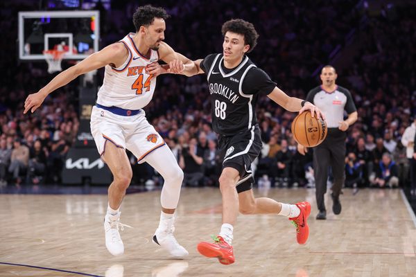 Jan 21, 2026; New York, New York, USA;  Brooklyn Nets guard Nolan Traore (88) looks to drive past New York Knicks guard Landry Shamet (44) in the third quarter at Madison Square Garden. Mandatory Credit: Wendell Cruz-Imagn Images