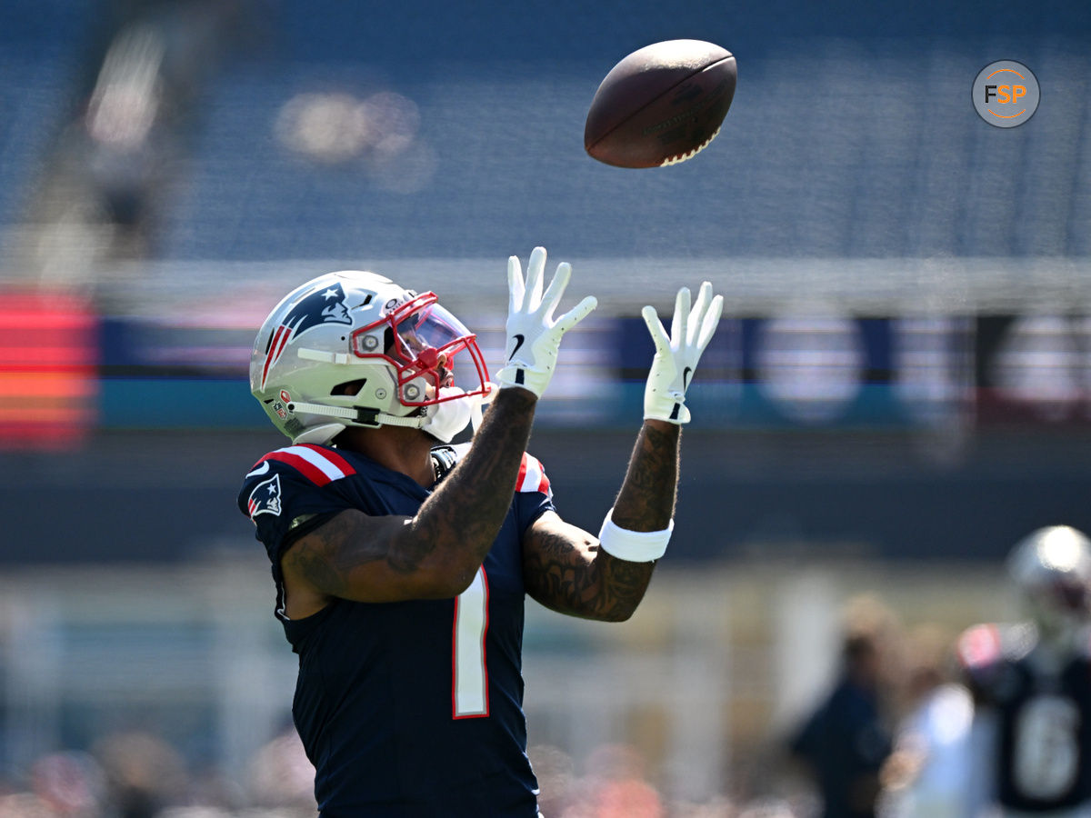 Sep 15, 2024; Foxborough, Massachusetts, USA; New England Patriots wide receiver Ja'Lynn Polk (1) catches the ball during warmups before a game against the Seattle Seahawks at Gillette Stadium. Credit: Brian Fluharty-Imagn Images