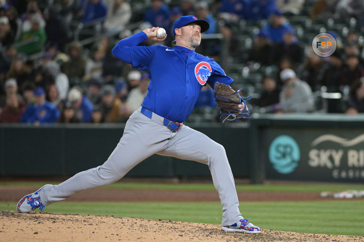 Apr 1, 2025; West Sacramento, California, USA; Chicago Cubs pitcher Ryan Pressly (55) throws a pitch during the ninth inning against the Athletics at Sutter Health Park. Credit: Ed Szczepanski-Imagn Images