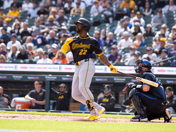 DETROIT, MI - MAY 29: Pittsburgh Pirates outfielder Andrew McCutchen (22) hits a three run homer during the second game of a MLB baseball game between the Pittsburgh Pirates and the Detroit Tigers on May 29, 2024 at Comerica Park in Detroit, Michigan. (Photo by Joseph Weiser/Icon Sportswire)