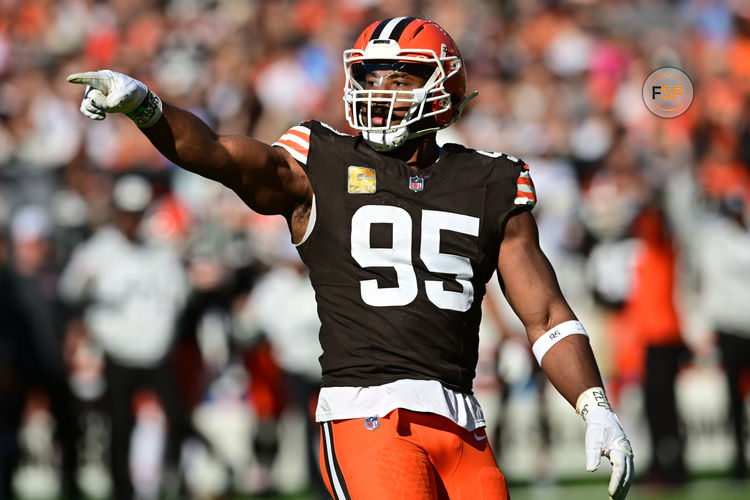 Nov 3, 2024; Cleveland, Ohio, USA; Cleveland Browns defensive end Myles Garrett (95) celebrates after a play during the first quarter against the Los Angeles Chargers at Huntington Bank Field. Credit: Ken Blaze-Imagn Images