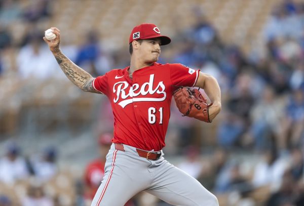 Mar 4, 2025; Phoenix, Arizona, USA; Cincinnati Reds pitcher Chase Petty against the Los Angeles Dodgers during a spring training game at Camelback Ranch-Glendale. Mandatory Credit: Mark J. Rebilas-Imagn Images