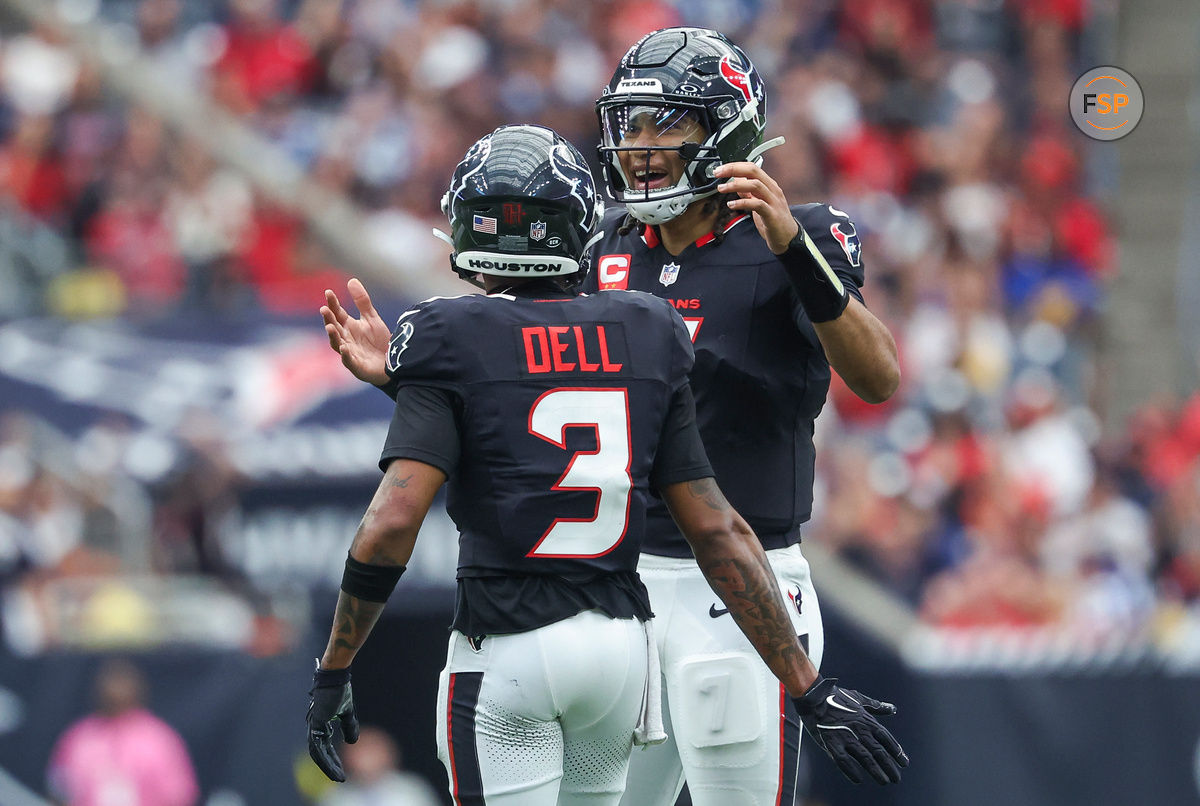 Oct 27, 2024; Houston, Texas, USA; Houston Texans quarterback C.J. Stroud (7) and wide receiver Tank Dell (3) react after a play during the fourth quarter against the Indianapolis Colts at NRG Stadium. Credit: Troy Taormina-Imagn Images