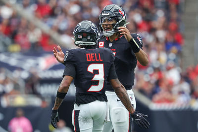 Oct 27, 2024; Houston, Texas, USA; Houston Texans quarterback C.J. Stroud (7) and wide receiver Tank Dell (3) react after a play during the fourth quarter against the Indianapolis Colts at NRG Stadium. Mandatory Credit: Troy Taormina-Imagn Images