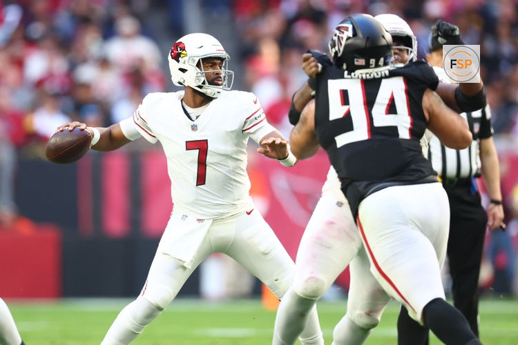 Dec 21, 2025; Glendale, Arizona, USA;  Arizona Cardinals quarterback Jacoby Brissett (7) throws from the pocket against the Atlanta Falcons during the first half at State Farm Stadium. Credit: Mark J. Rebilas-Imagn Images