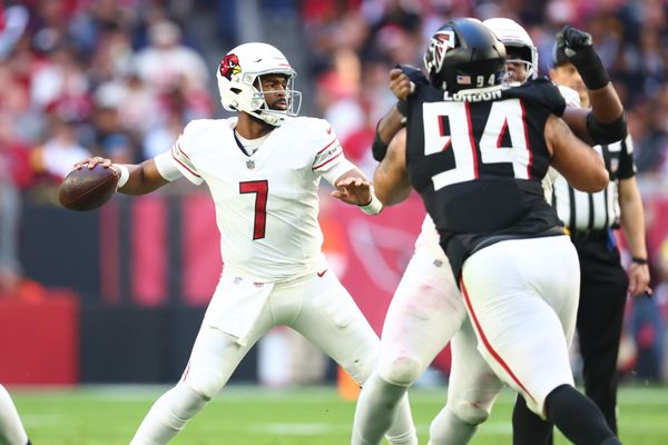 Dec 21, 2025; Glendale, Arizona, USA;  Arizona Cardinals quarterback Jacoby Brissett (7) throws from the pocket against the Atlanta Falcons during the first half at State Farm Stadium. Mandatory Credit: Mark J. Rebilas-Imagn Images