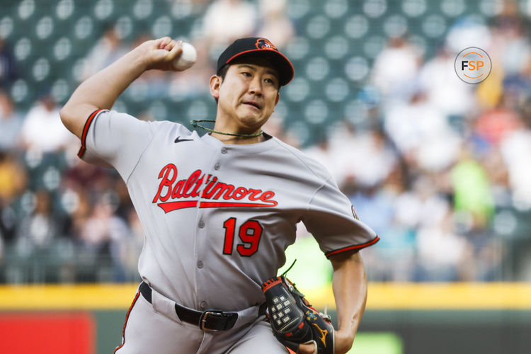 Jun 3, 2025; Seattle, Washington, USA; Baltimore Orioles starting pitcher Tomoyuki Sugano (19) throws against the Seattle Mariners during the third inning at T-Mobile Park. Credit: Joe Nicholson-Imagn Images