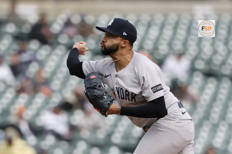 Apr 9, 2025; Detroit, Michigan, USA;  New York Yankees pitcher Devin Williams (38) pitches in the ninth inning against the Detroit Tigers at Comerica Park. Credit: Rick Osentoski-Imagn Images