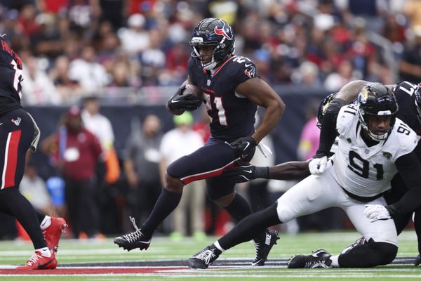 Nov 9, 2025; Houston, Texas, USA; Houston Texans running back Nick Chubb (21) runs with the ball during the game against the Jacksonville Jaguars at NRG Stadium. Mandatory Credit: Troy Taormina-Imagn Images