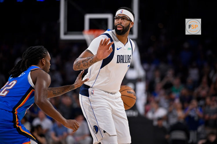 Oct 6, 2025; Fort Worth, Texas, USA; Dallas Mavericks forward/center Anthony Davis (3) sets the play against Oklahoma City Thunder guard Cason Wallace (22) during the game between the Dallas Mavericks and the Oklahoma City Thunder at Dickie's Arena. Credit: Jerome Miron-Imagn Images