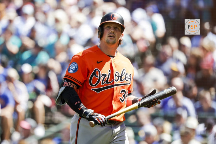 Jun 18, 2026; Seattle, Washington, USA; Baltimore Orioles designated hitter Adley Rutschman (35) reacts following a strikeout looking against the Seattle Mariners during the seventh inning at T-Mobile Park. Credit: Joe Nicholson-Imagn Images